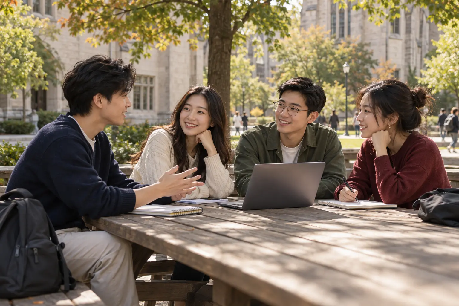 四位大学生围坐在校园庭院的桌旁,交流想法。